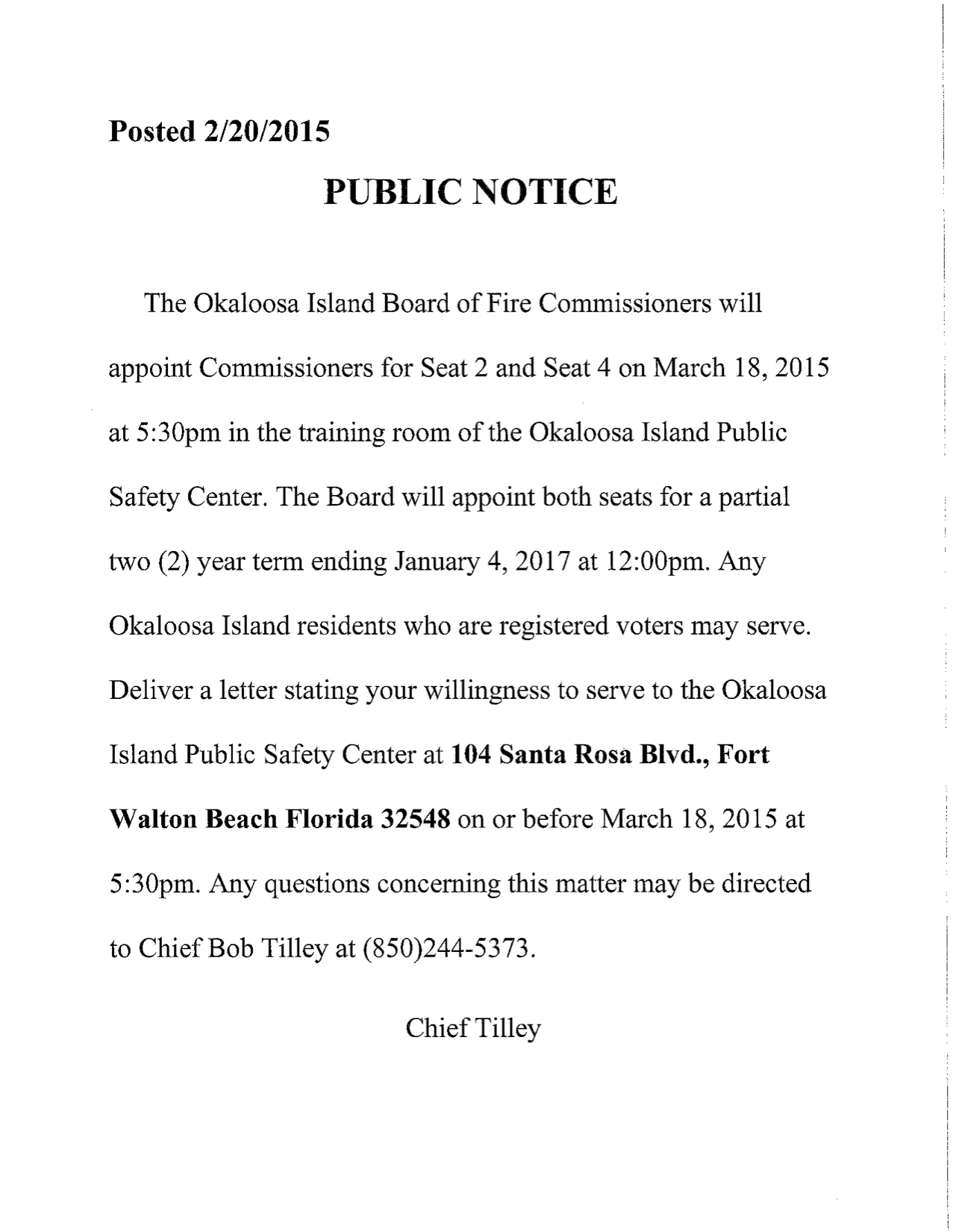 Public Notice for OIFD Board of Fire Commissioners Seats 2 and 4